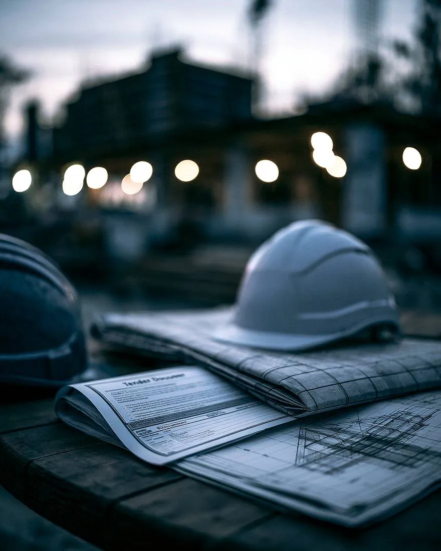 A construction tender document, technical drawings and hard hat on a site table at dusk